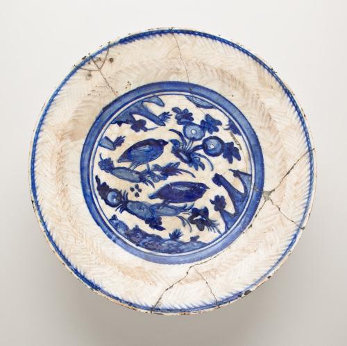 Kubachi Ware Dish with Quail in a Rocky, Floral Landscape