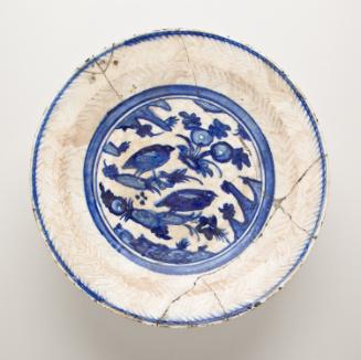 Kubachi Ware Dish with Quail in a Rocky, Floral Landscape