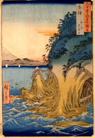Sagami Province: Enoshima, The Entrance to the Caves 
(Sagami, Enoshima, Iwaya no kuchi), 
From the series Famous Places in the Sixty-odd Provinces 
(Rokujûyoshû meisho zue)

