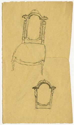 Pencil sketches for a high-backed reception or fancy chair on a peice of an envelope