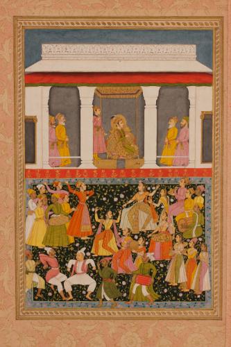 Khavar Shah Celebrates the Reunion of Mihr and Mah
Folio from a dispersed Romance of Mihr
