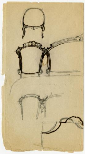 Pencil and ink sketches for a chair seat, sofa back and a mirror or footboad profile