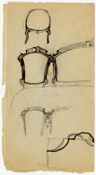 Pencil and ink sketches for a chair seat, sofa back and a mirror or footboad profile