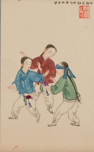 Kim Jun-geun's Genre Painting: Three Boys Playing a Blindfold Game