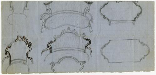 Pencil and ink sketch for a sofa, chair and parlor table in the Renaissance style