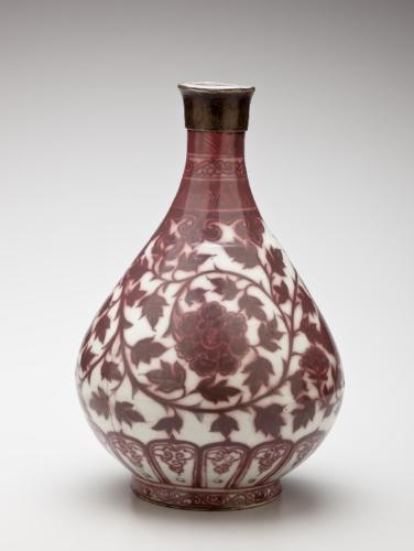 Pear-Shaped Vase (Yuhuchunping) with Lotus and Banana Leaf Motifs in Copper-Red