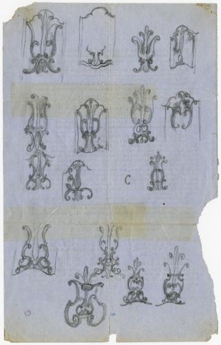 Pencil sketches for the backs of side chairs on the opposite side of a printed investment sheet