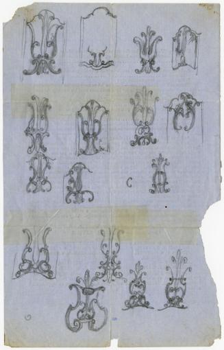 Pencil sketches for the backs of side chairs on the opposite side of a printed investment sheet