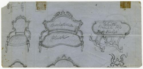 Pencil sketches for a sofa, chair and parlor table in the Renaissance style