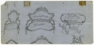 Pencil sketches for a sofa, chair and parlor table in the Renaissance style