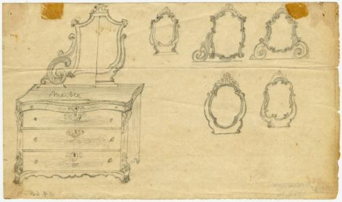 Pencil sketch for a marble top bureau and mirrior along with other mirror designs