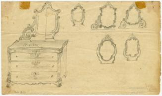 Pencil sketch for a marble top bureau and mirrior along with other mirror designs