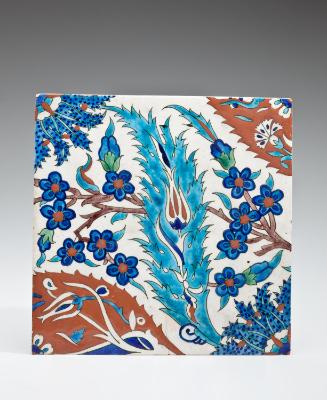 Wall Tile with Turquoise Saz Leaf, Blue Hyacinth and Sections of Red and Blue Palmettes