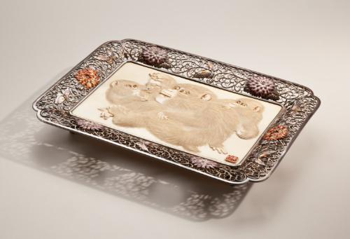 Champlevé Enameled Silver and Ivory Tray with Three Monkeys Playing with a Mouse
