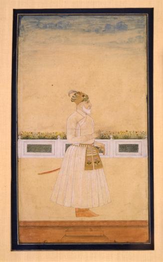 Portrait of a Nobleman, Wearing a White Jama and Striped Turban, Standing on a Terrace