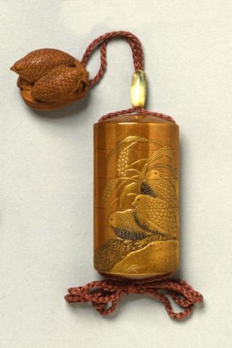 Wood netsuke with quail and millet motif, stone ojime, lacquer inrô with quail and millet motif