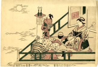 Fuku-roku-jiu, Daikoku, Benten Playing Samisen, on Balcony