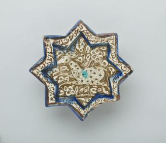 Molded Eight-Pointed Star Tile with Wild Ass (Onager) Leaping a Fishpond Surrounded by Calligraphic and Floral Motifs
