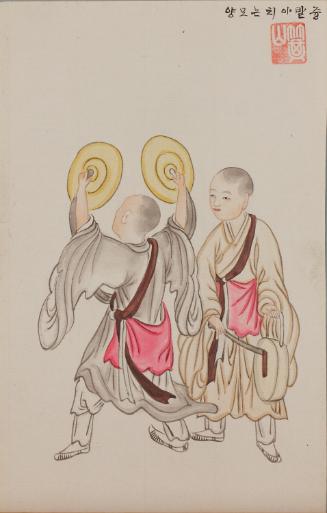 Two Buddhist Monks Playing Cymbals and Drum