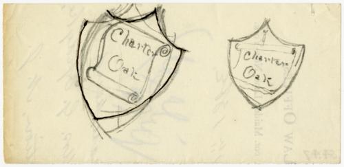 Pencil and ink sketches for Charter Oak plaques on the opposite side of a law document