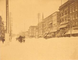 Bizzard of 1888, West on Market Street from Broad Street North Side of Market. Blizzard of 1888