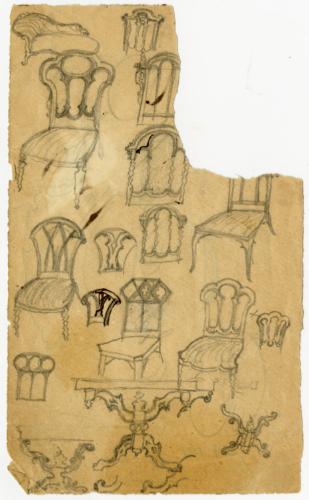 Pencil and ink sketches of side chairs and parlor table bases on the opposite side of an envelope